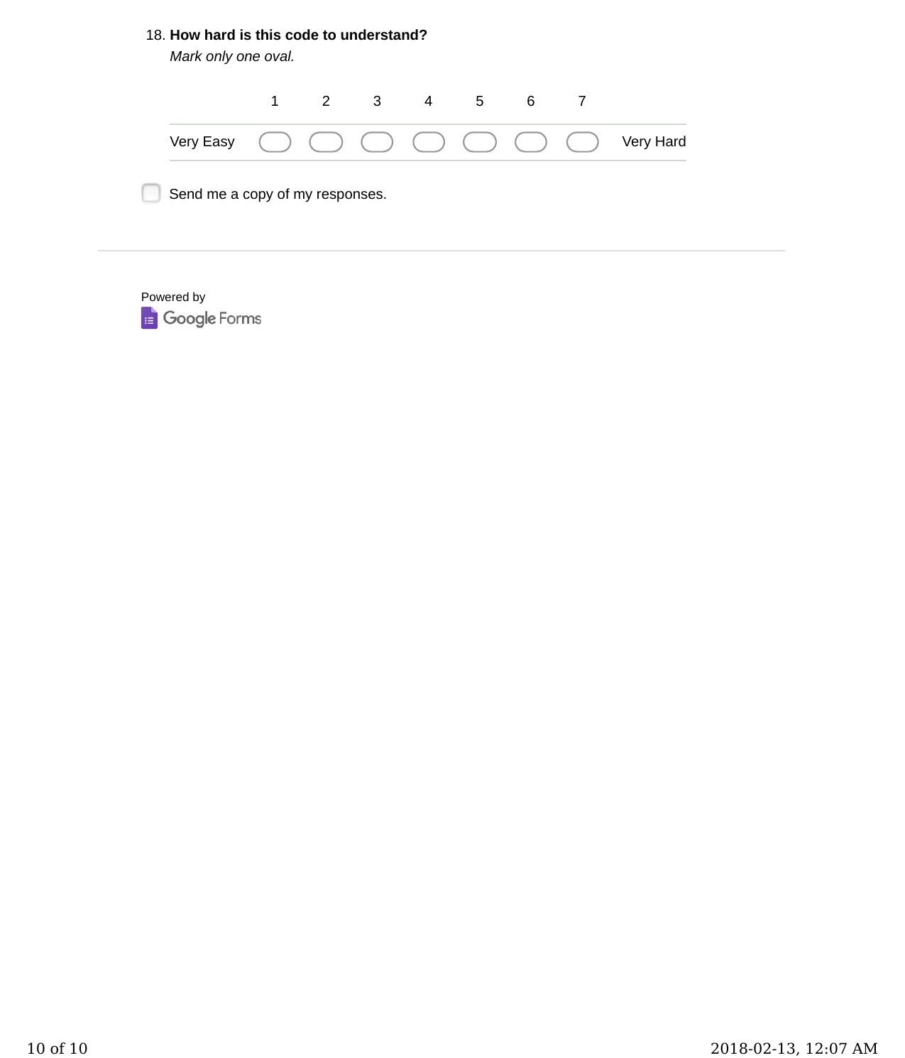 Form page 10: final Likert, submit footer.