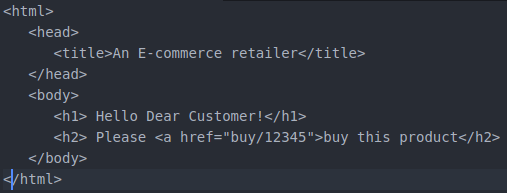 Initial static HTML page, malformed anchor.